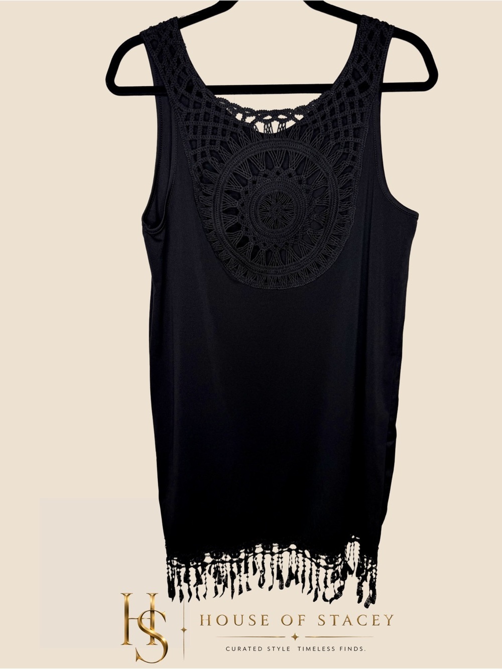 Black Crochet Back Tank Dress with Fringe Hem Boho